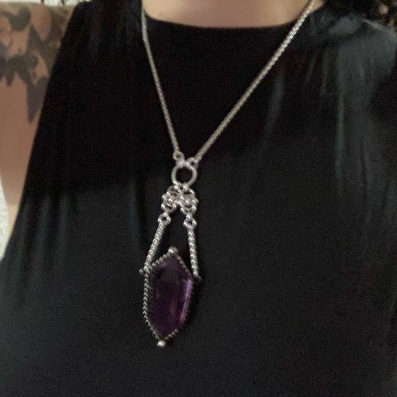 Natural big purple amethyst crystal gemstone boho goth maille steel necklace - Picture 9 of 16